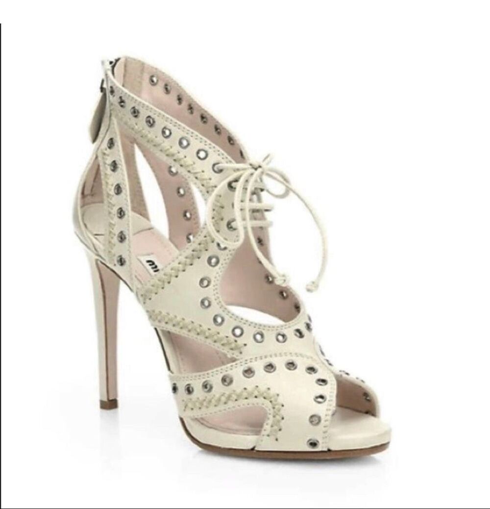 Miu Miu Cream Leather Grommet Lace-Up Stiletto Heels Size 38